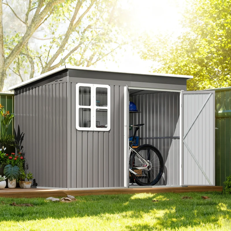 Outsunny 8.5 x 6ft Storage Shed Galvanised Steel Garden Shed, Metal Shed with Foundation Kit, Window, Lockable Wide Doors and Air Vents for Outdoor Patio, Light Grey