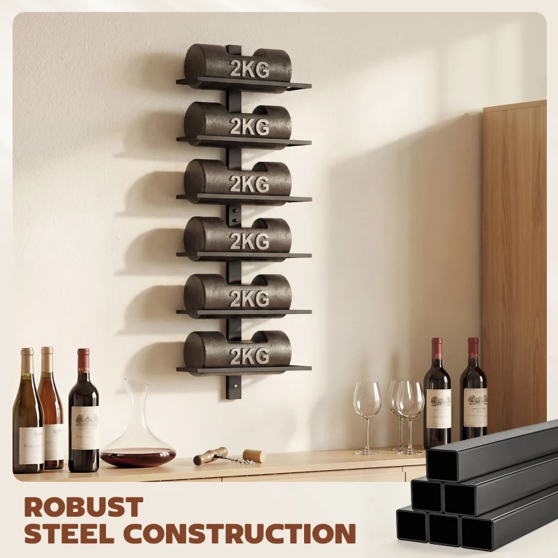 HOMCOM Wall Mounted Wine Rack, 6 Tier Metal Wine Display Rack, Storage Holder for Kitchen, Black