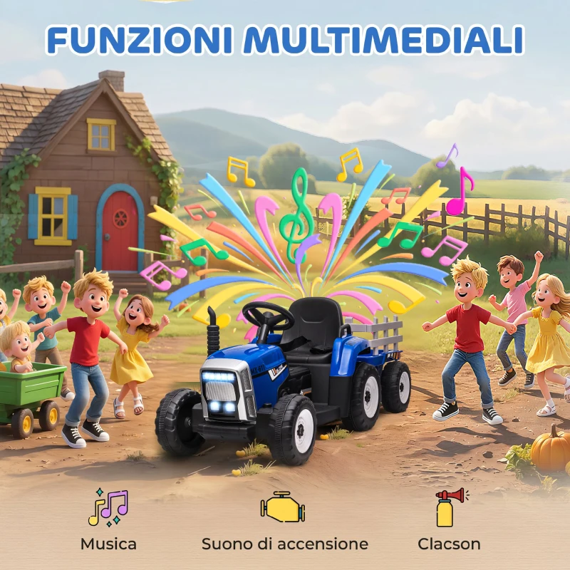 HOMCOM Trattore Elettrico per Bambini con Rimorchio Rimovibile, Telecomando, Porta USB, Musica e Luci, Età 3-6 Anni, Blu