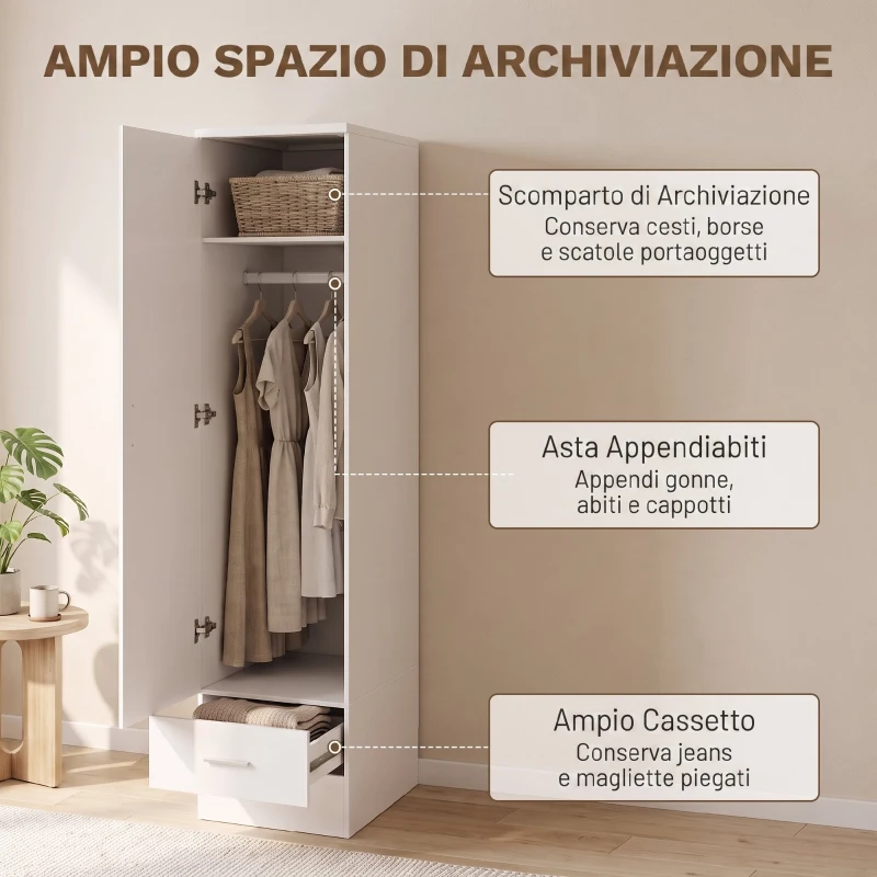 HOMCOM Armadio Con Asta Appendiabiti E Cassetto, Porta Abiti, Bianco