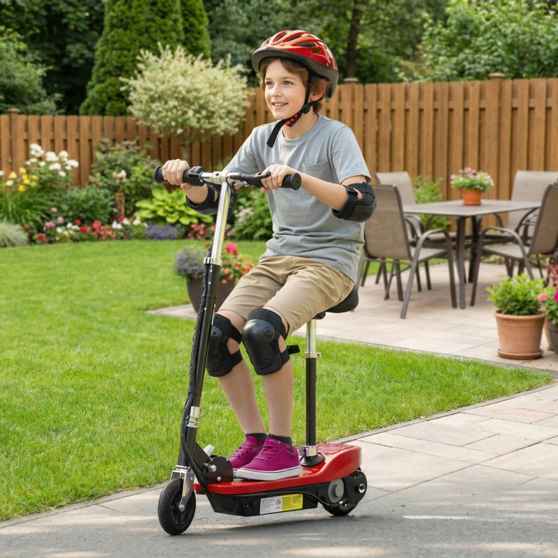 HOMCOM Powered Powered Scooter Ride-On, with Brakes, Adjustable Seat, Adjustable Handlebars, Red