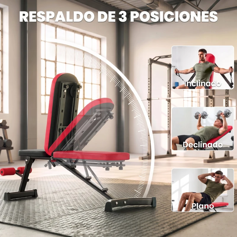 SPORTNOW Banco de Pesas Plegable con Bandas de Resistencia Respaldo Ajustable Plano/Inclinación/Declive Extensión de Piernas