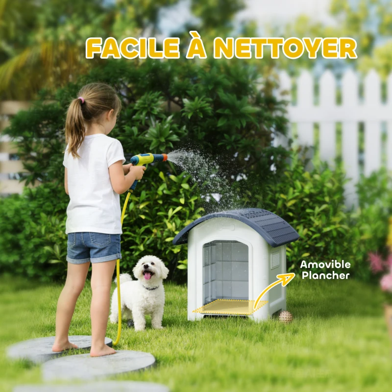 PawHut Niche pour Chien Extérieur, Maison pour Chien en Plastique avec Sol Surélevé et Amovible, Toit Imperméable, Gris