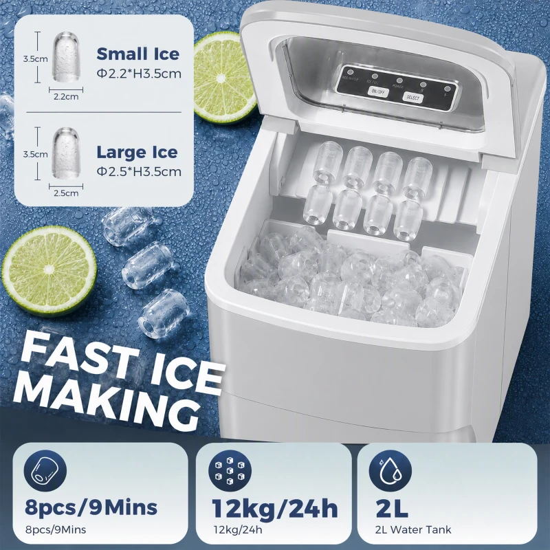 HOMCOM 12kg Countertop Ice Cube Machine, with Scoop - White