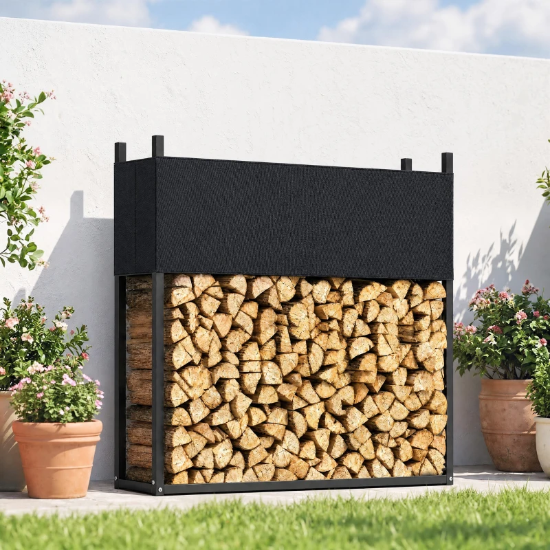 Outsunny Estante de Leña con Funda Oxford 600D Leñero de Acero Galvanizado Robusto Carga 250 kg para Interior y Exterior Negro