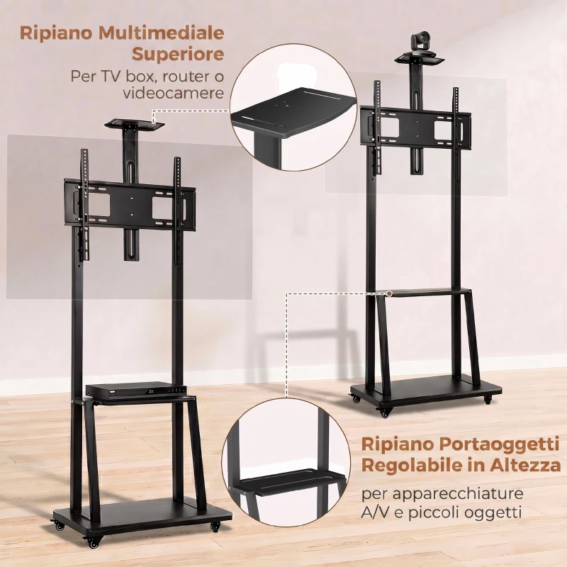 HOMCOM Carrello Porta TV 32-75 Pollici con Altezza Regolabile, Ruote e Ripiano, Nero
