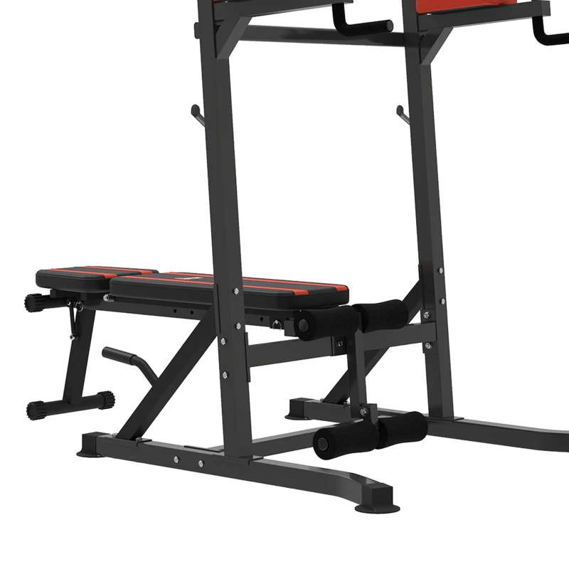 HOMCOM Estación de Musculación Plegable Altura Ajustable con Barra de Dominadas Banco Reclinable para Gimnasio Negro y Rojo