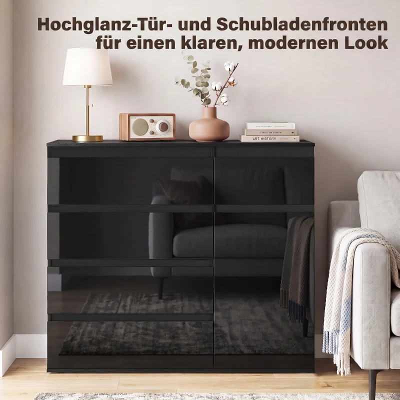 HOMCOM Modernes Sideboard, Stauraum-Sideboard mit 5 Schubladen, verstellbarem Regal, Soft-Close-Tür, Schwarz Hochglanz