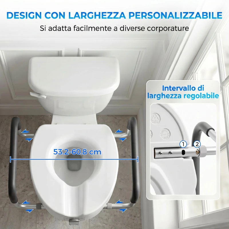 HOMCOM Rialzo WC per Anziani in HDPE con Maniglie Antiscivolo, Larghezza Regolabile, Capacità 136kg, Bianco