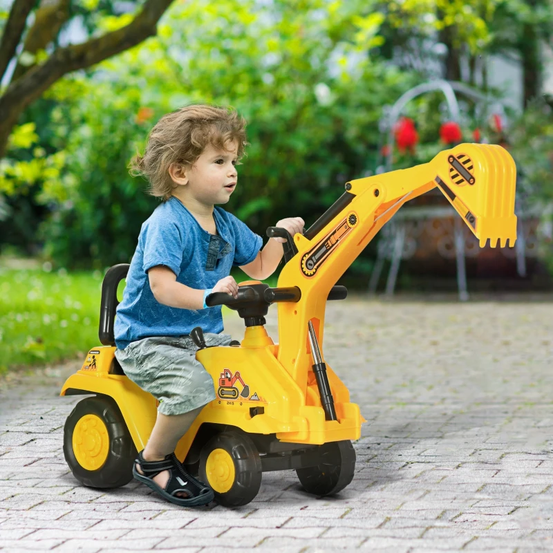 HOMCOM Escavatore per Bambini con Benna e Spazio di Archiviazione, Clacson, Volante, 18-48 Mesi, Giallo
