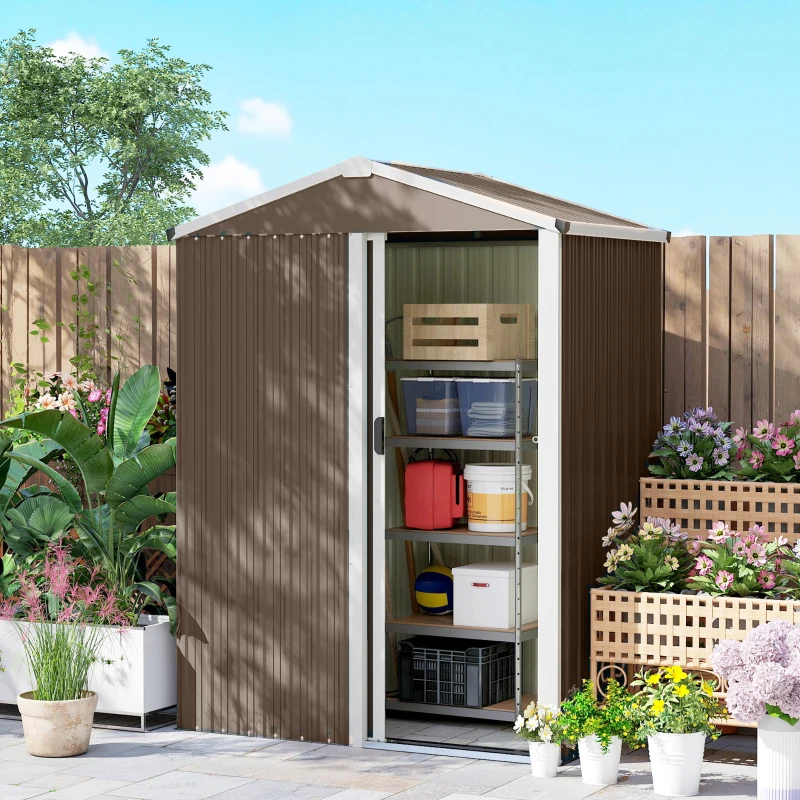 Outsunny Casetta da Giardino in Acciaio 1.1m² con Porta Scorrevole Bloccabile, 136x87x179 cm, Marrone