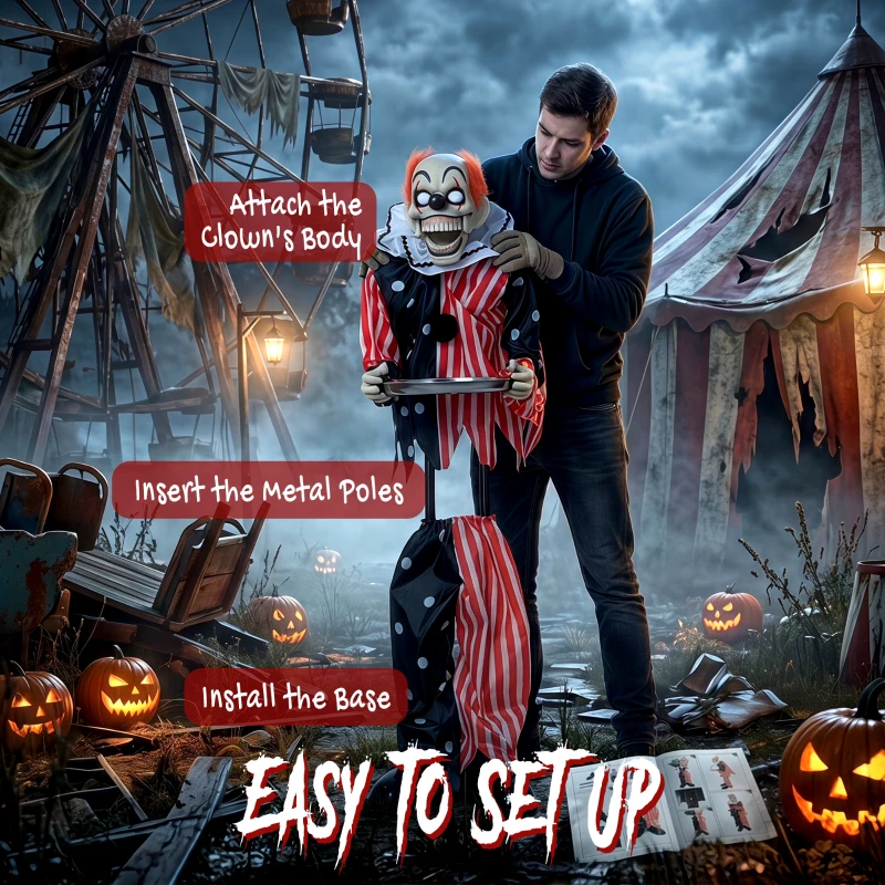 HOMCOM Animated Clown Halloween Decoration, Scary Halloween Animatronics Decor with Sound Touch Activated