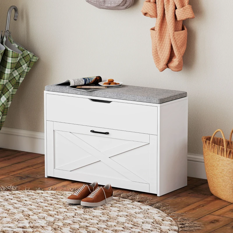 HOMCOM Panca Scarpiera con Cassetto Ribaltabile e Contenitore, Capacità 6 Paia di Scarpe, 80x30x55 cm, Bianco