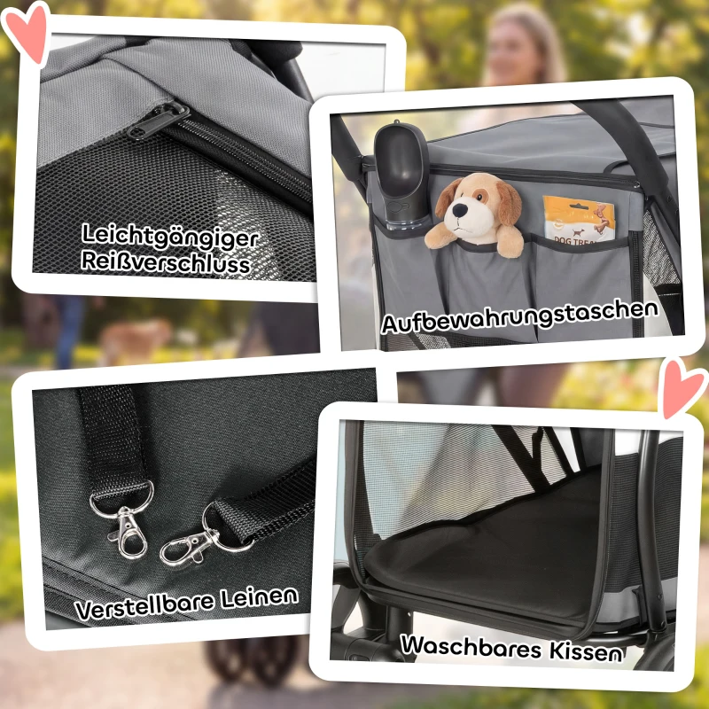 PawHut Hondenwagen inklapbaar huisdierenbuggy met wasbaar kussen, gaasvensters, 3 wielen, voor middelgrote honden tot 20 kg, grijs