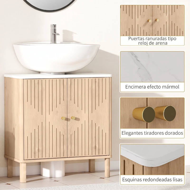 HOMCOM Mueble de lavabo, mueble de baño bajo lavabo estante ajustable encimera efecto mármol 60x30x63cm roble