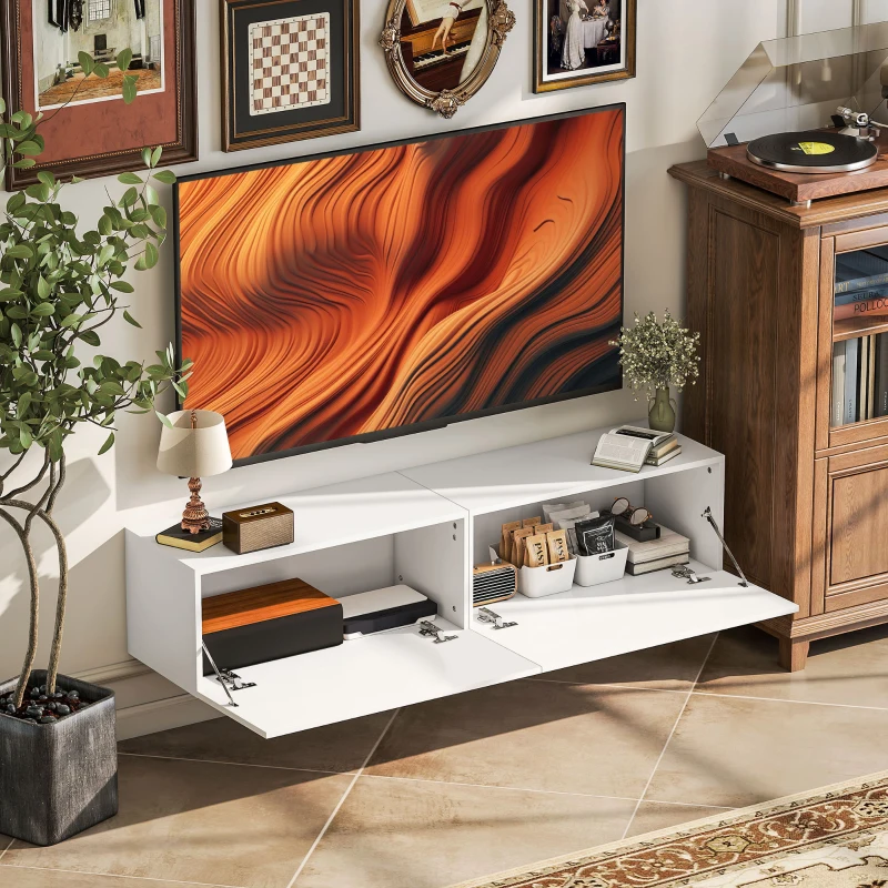 HOMCOM Mobile TV Sospeso per Televisori da 45"-55"-65" con 2 Armadietti e Ante a Ribalta, 140x33x29.8 cm, Bianco