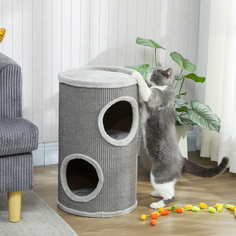 PawHut Tonneau à Gratter pour Chat, Tour à Griffer, Arbre à Chat à 2 Couches en Sisal Naturel, Ø35x60cm, Gris Clair