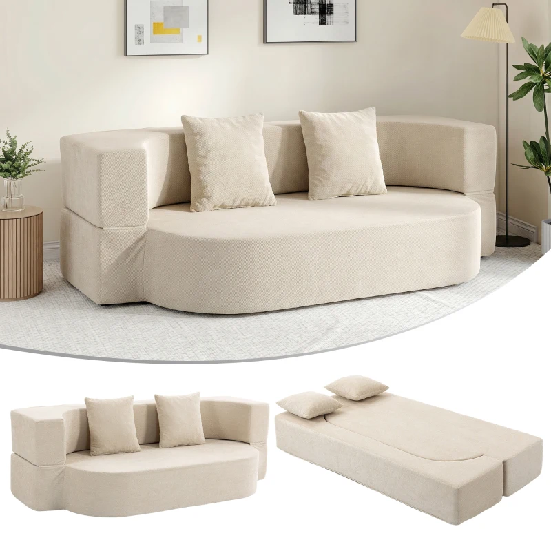 HOMCOM Canapé Convertible 2 Places, Canapé-Lit en Chenille 190cm, Dossier Rabattable, Assise et Accoudoirs Larges, Beige