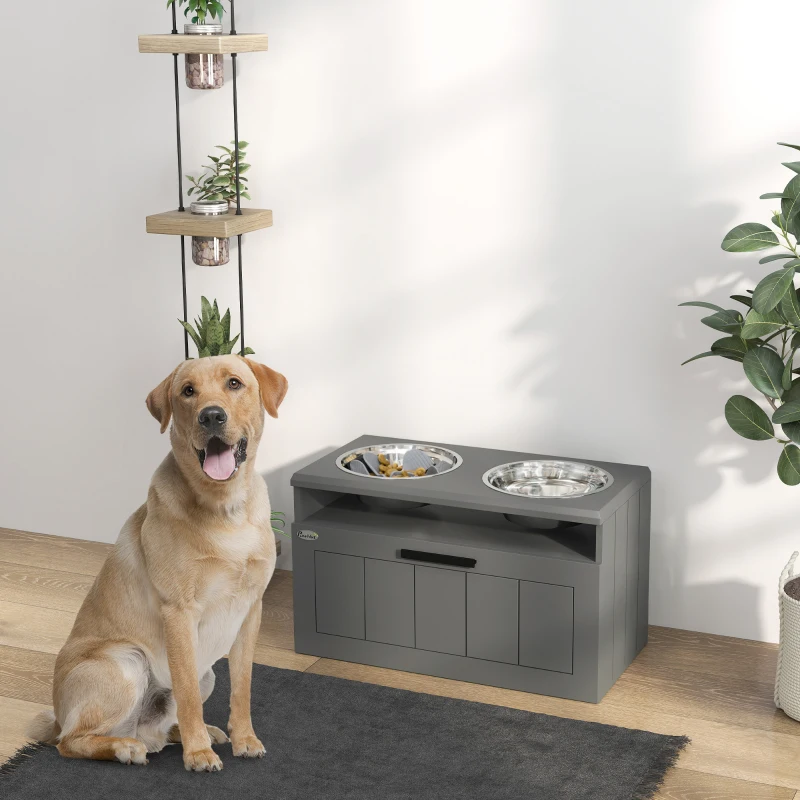 PawHut Raised Dog Bowl with Slow Feeder, Two Stainless Steel Dog Bowls, Drawer, for Large and Extra Large Dogs, Grey