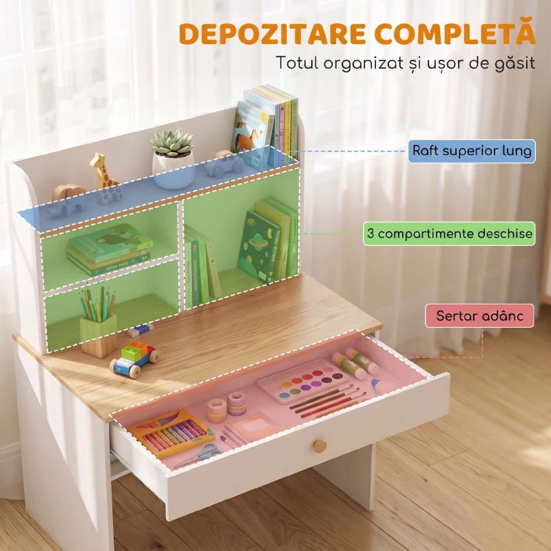 AIYAPLAY Birou pentru Copii, Masă de Studiu cu Bibliotecă și Sertar 3-8 Ani, Alb