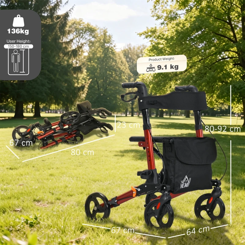 HOMCOM Rollator Walker with Seat, Compact Quick Folding Mobility Walker with 8" Wheels, Carry Bag, Adjustable Height, Cane Holder and Lightweight Aluminium Frame for Seniors and Disabled, Red