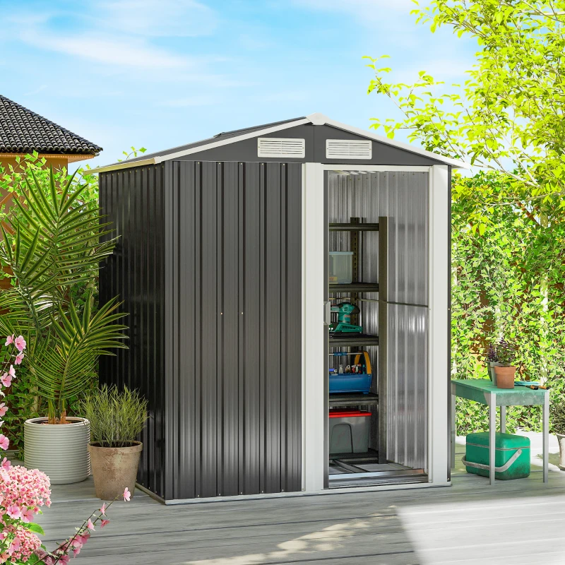 Outsunny Garden Metal Tool Storage Shed with Sliding Door, Sloped Roof and Foundation Kit, 152 x 132 x 188cm, Grey