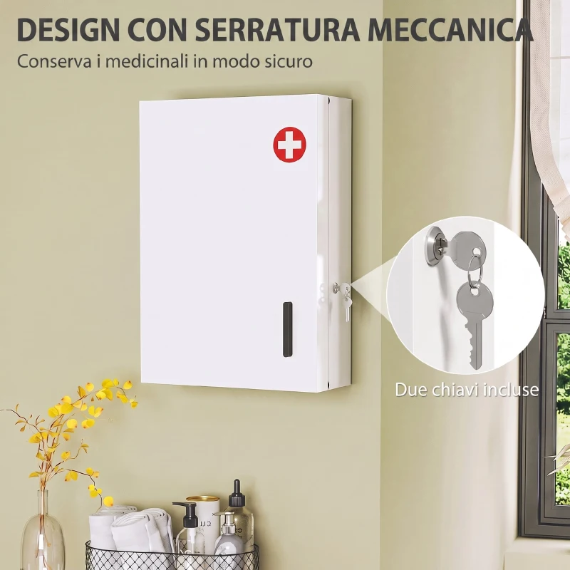 HOMCOM Armadietto portamedicinali da parete con 2 chiavi e 6 scomparti, acciaio, bianco