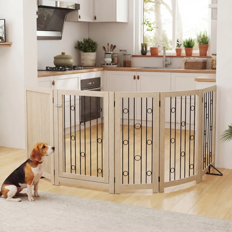 PawHut 4 Panel Freestanding Pet Gate, Indoor Dog Barrier with Lockable Door, Support Feet, 360° Flexible Hinges, Oak