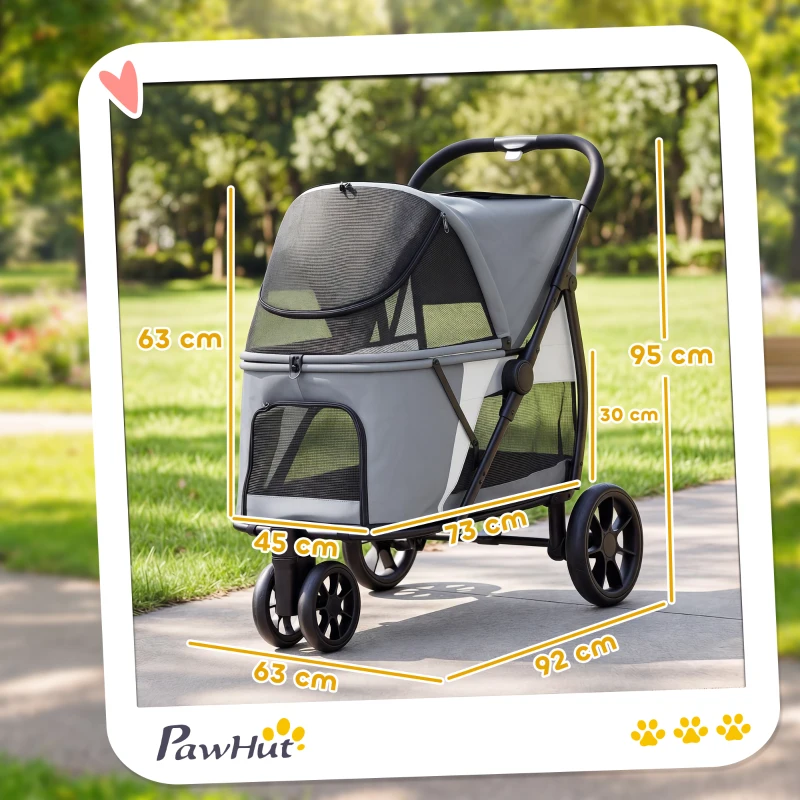 PawHut Hondenwagen inklapbaar huisdierenbuggy met wasbaar kussen, gaasvensters, 3 wielen, voor middelgrote honden tot 20 kg, grijs