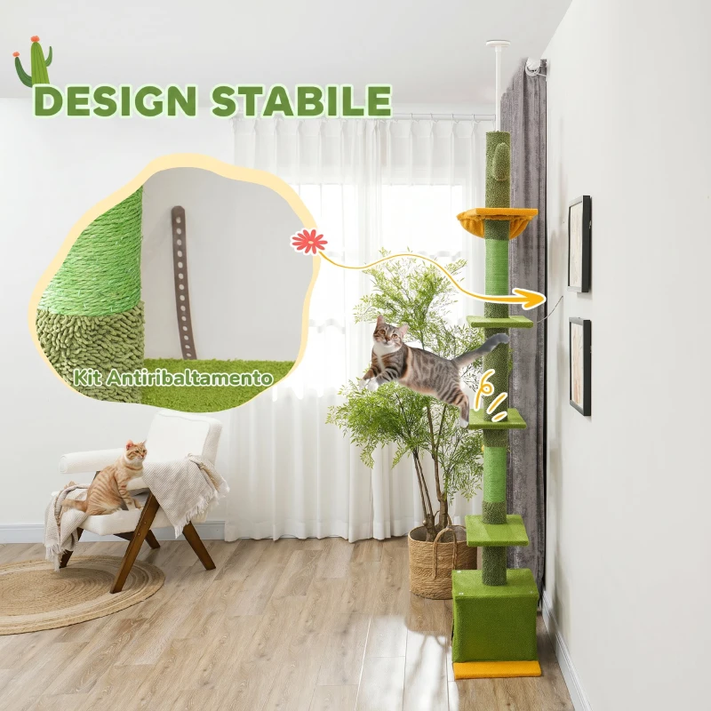 PawHut Albero Tiragraffi per Gatti 5 kg a Soffitto Alto 230-275 cm con Amaca, Casetta, Piattaforme, Verde