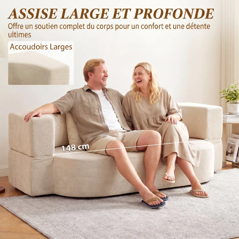 HOMCOM Canapé Convertible 2 Places, Canapé-Lit en Chenille 190cm, Dossier Rabattable, Assise et Accoudoirs Larges, Beige