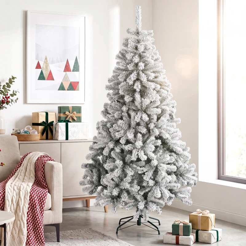 HOMCOM Árvore de Natal Nevada 180 cm com 650 Pontas em PVC Ignífugo Ramos Articulados Montagem Rápida Verde e Branco