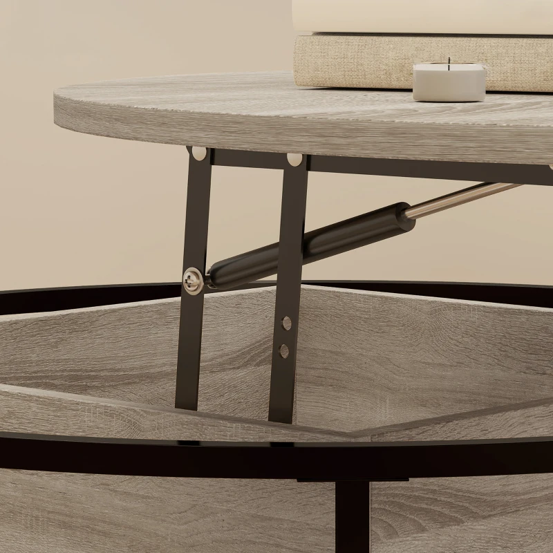 HOMCOM Ronde koffietafel met opklapbaar tafelblad, opbergruimte, zijplanken, stalen frame, salontafel, Eik