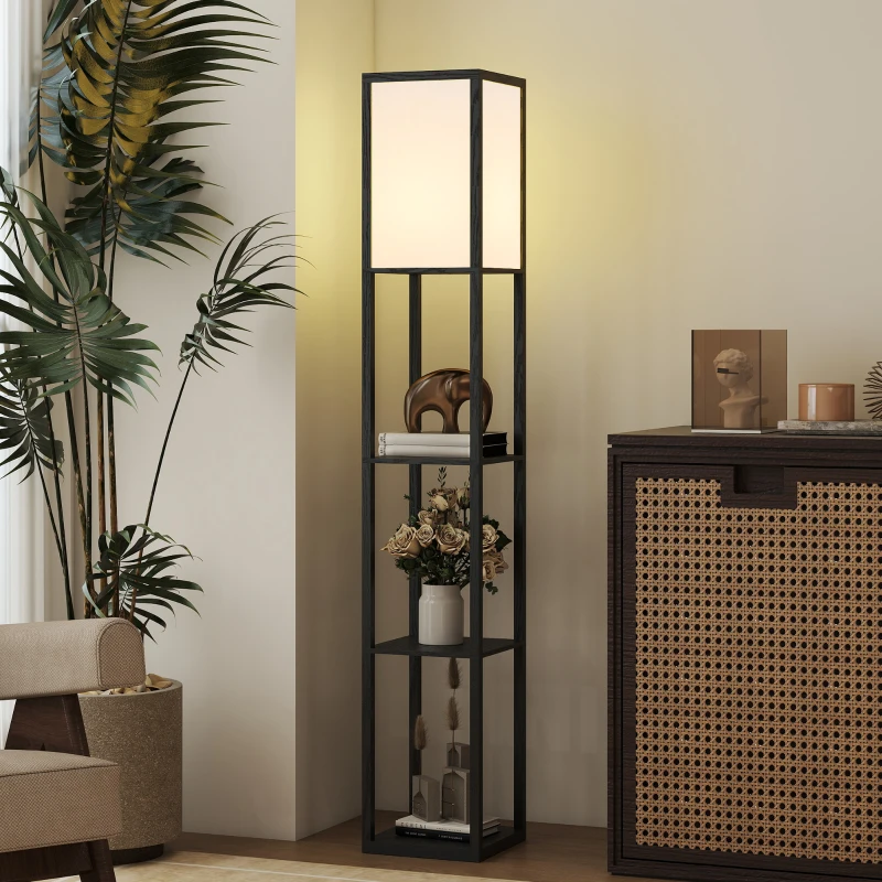 HOMCOM Floor Lamp with Shelves, 3 Layer Column Modern Standing Lamp for Living Room, Bedroom, Office, Bulb not Included, Black