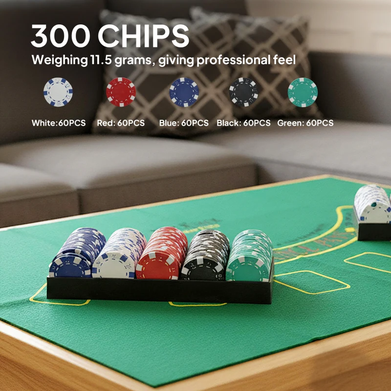 SPORTNOW 300-Piece Poker Chips Set with Card Shuffler, Card Shoe, Case, Casino Texas Holdem Poker Set with Mat, Silver Tone