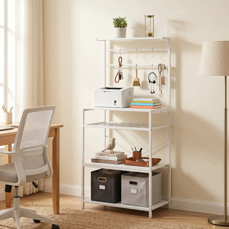 HOMCOM Freestanding Shelving Unit, Industrial Storage Shelf with 6 Hooks and Wine Rack for Living Room, Home Office, White