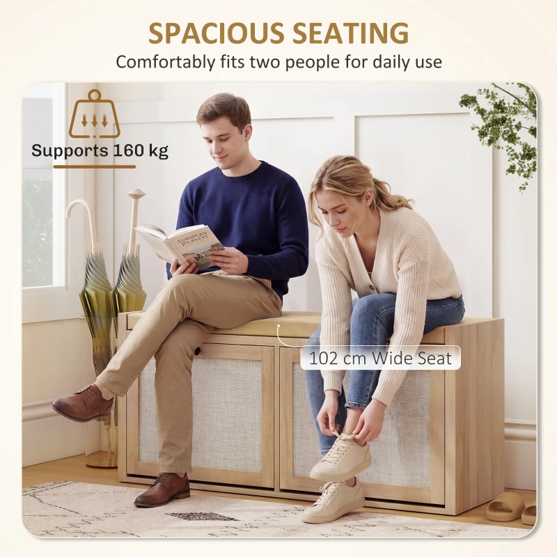 HOMCOM Rattan Shoe Bench with Padded Cushion and 2 Cabinets for Hidden Storage, Oak Wood Effect