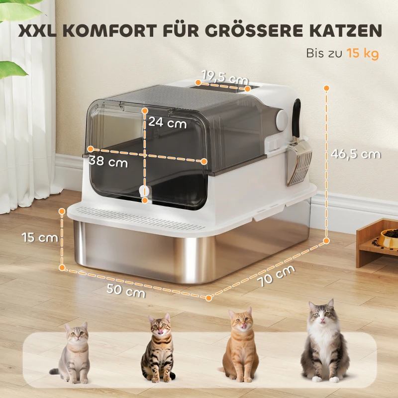 PawHut Katzenklo Edelstahl mit Deckel XXL 72L für große Katzen und Mehrere Katzen mit Doppeltüren Schaufel Pedal Anti-Leck