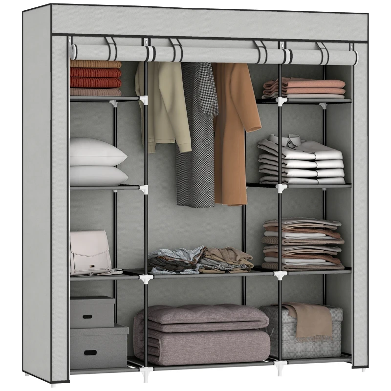 HOMCOM Armoire de rangement penderie en tissu pliable avec barre de suspension et étagères, 150 x 43 x 162,5 cm, gris clair