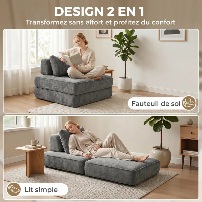 HOMCOM Canapé-lit pliant 2 en 1, chauffeuse 1 place, convertible en chenille, coussin épais, dossier et oreiller, gris