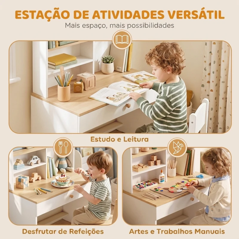 AIYAPLAY Secretária Infantil com Prateleira, 3 Compartimentos e Gaveta – Mesa de Estudo 80x50x100 cm, Branco, 3-8 Anos