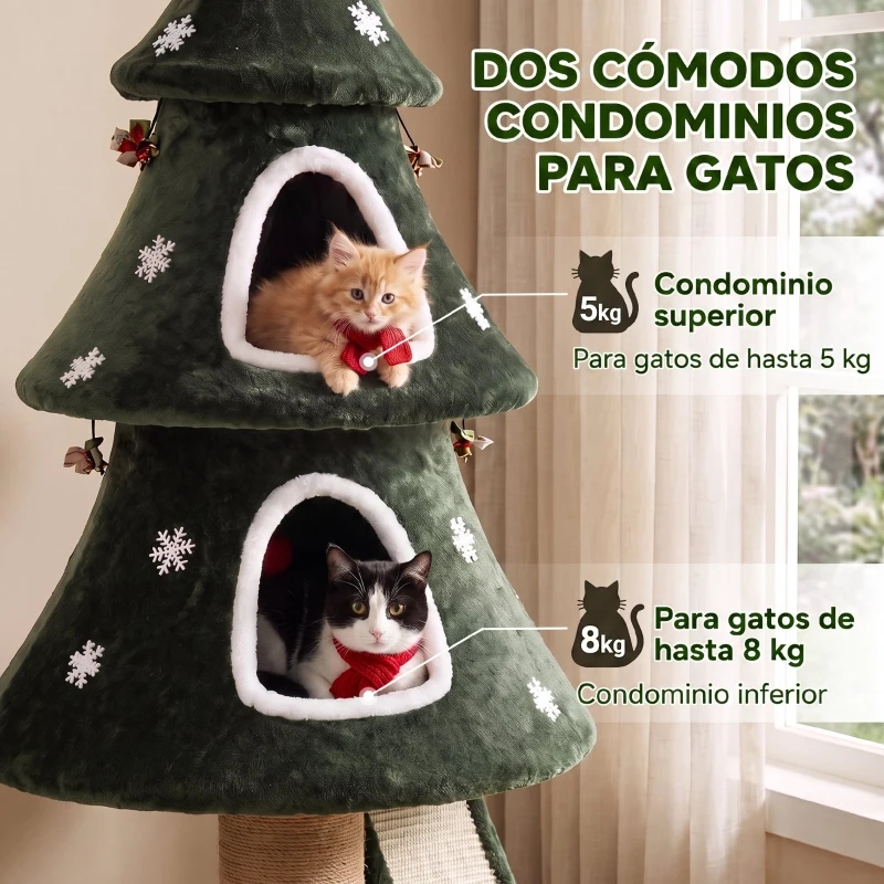PawHut Árbol Rascador para Gatos 132 cm Diseño de Navidad Torre para Gatos de Felpa con 2 Casitas Escalera de Sisal Verde