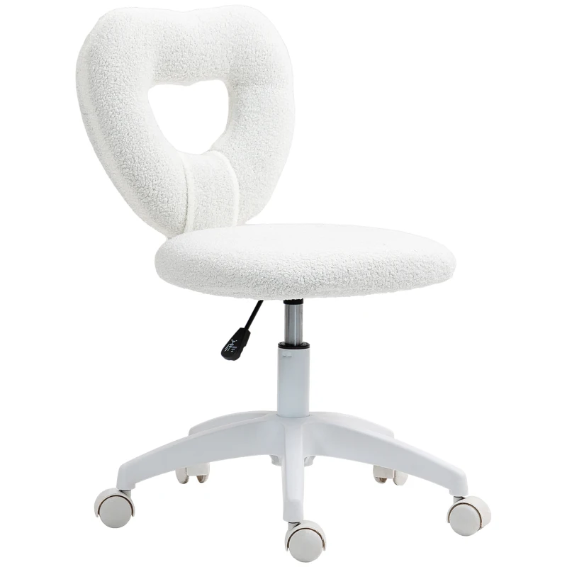 HOMCOM Sedia da Ufficio Imbottita con Schienale a Cuore e Rotelle, in Velluto Teddy e Plastica, 45x56x78-88 cm, Bianco