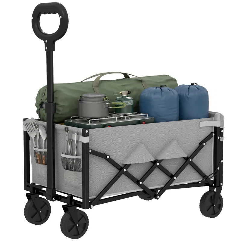 Outsunny 60L Foldable Festival Trolley on Wheels, Collapsible Wagon Cart with Drop-Down Tailgate, Adjustable Handle, Grey