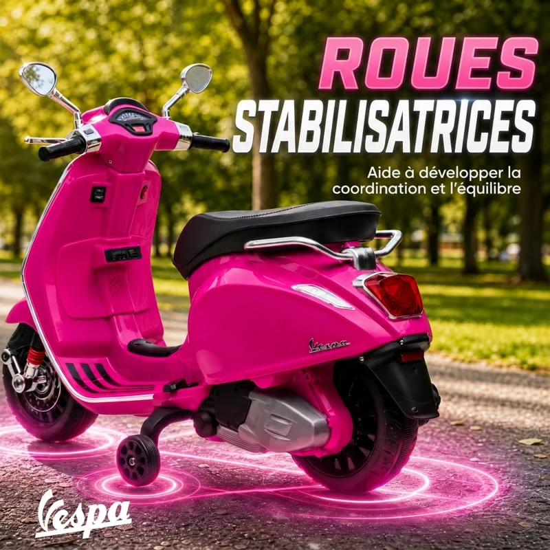 AIYAPLAY Scooter électrique enfant Vespa 6 V dim. 107L x 47l x 73H cm Musique MP3 Port USB Phare 2 roues d'entraînement - Rose