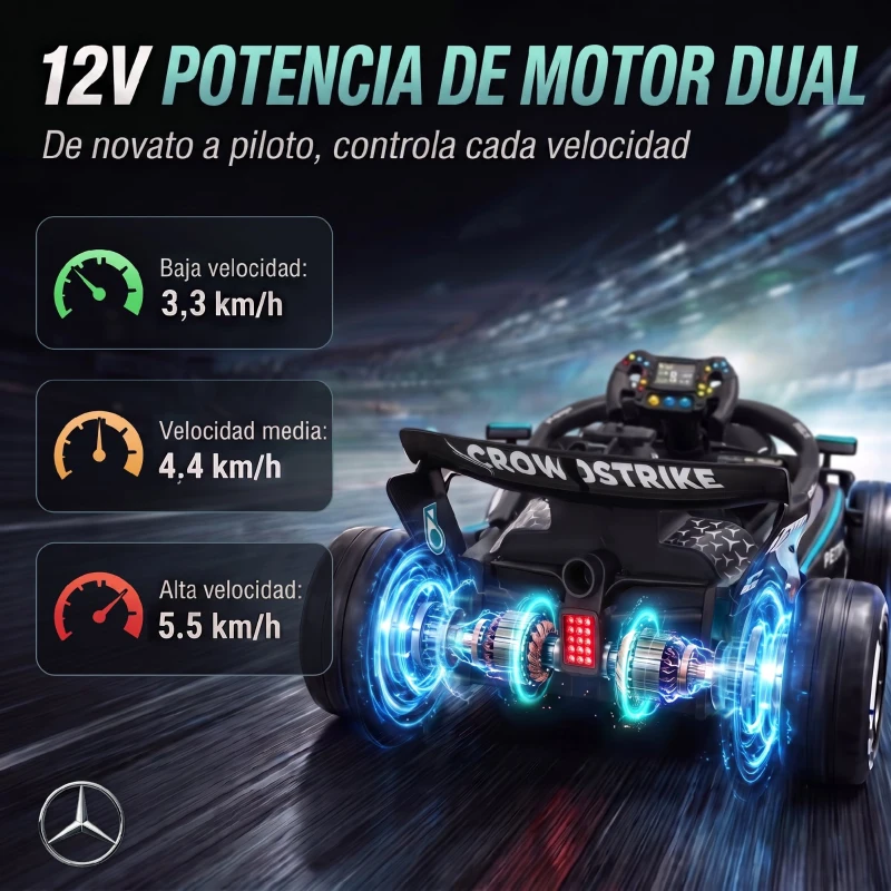 AIYAPLAY Kart Eléctrico para Niños 12V Mercedes-AMG PETRONAS F1 Mando a Distancia 2 Motores Suspensión Trasera 3,3-5,5km/h Negro