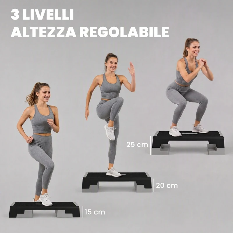 SPORTNOW Stepper ad Altezza Regolabile con Gradini Rimovibili e Fondo Antiscivolo, in ABS, 97x36x15/20/25 cm, Grigio