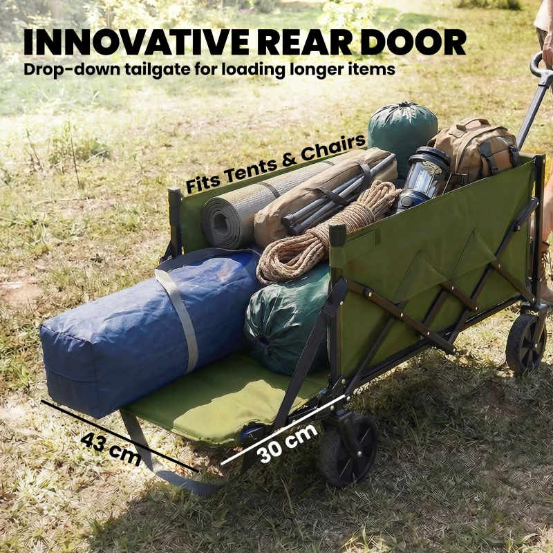 Outsunny 60L Foldable Festival Trolley on Wheels, Collapsible Wagon Cart with Drop-Down Tailgate, Adjustable Handle, Green