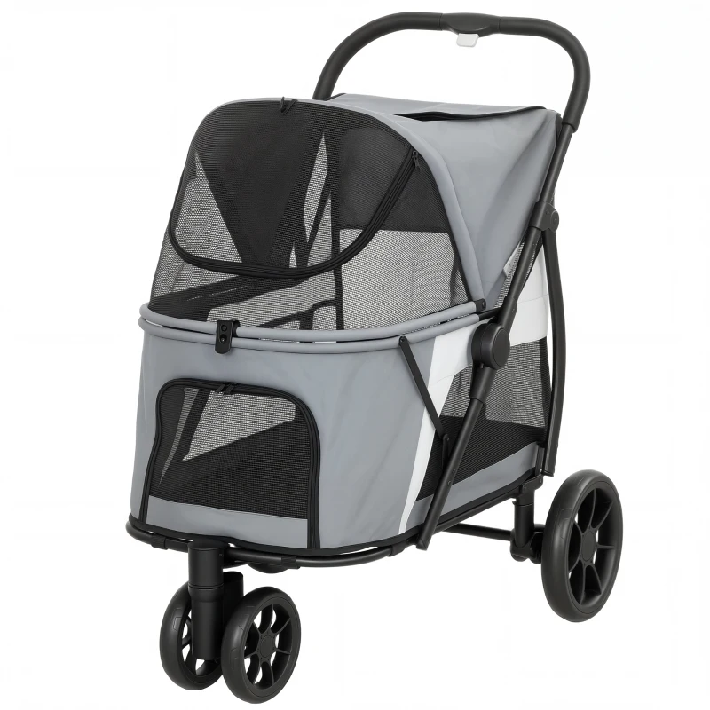 PawHut Hondenwagen inklapbaar huisdierenbuggy met wasbaar kussen, gaasvensters, 3 wielen, voor middelgrote honden tot 20 kg, grijs