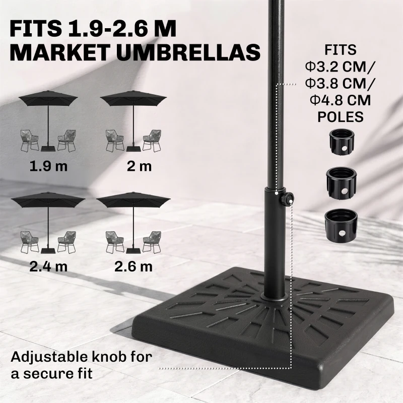 Outsunny 19kg Resin Garden Parasol Base Holder, Square Outdoor Market Umbrella Stand Weight for Poles of Φ32mm, Φ38mm, and Φ48mm, Black